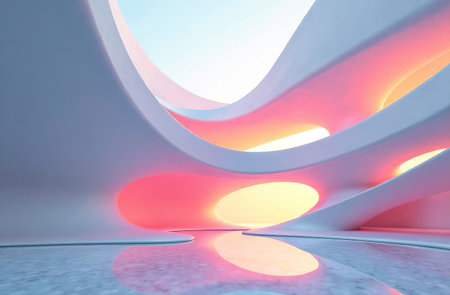 AI Generative Retrofuturism interior of the building, free space corridorの素材