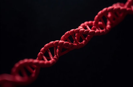 AI Generative DNA helix rotating on dark background, genetics biology cellの素材