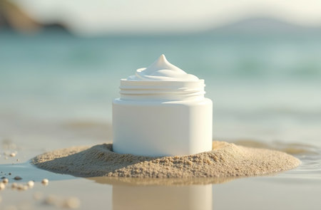 AI Generative Mockup White Tube Bottle Cosmetic Jar on the sand of the beachの素材