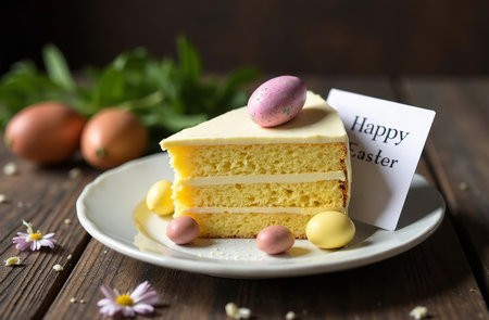 AI Generative Easter cake with colorful eggs on decorated table, Happy Easter cardの素材
