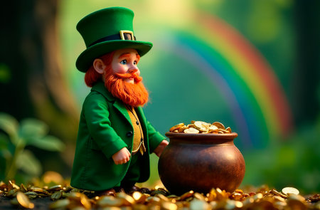 AI Generative Leprechaun in green suit with pot of gold stands in the forest against the background of a rainbowの素材