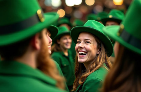 AI Generative People in green Irish costumes at the St. Patrick's Day Festivalの素材