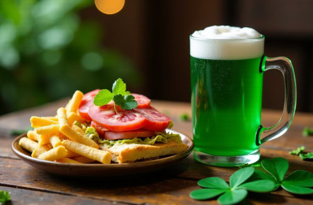AI Generative Irish fries on wooden table decorated for St. Patrick's Dayの素材