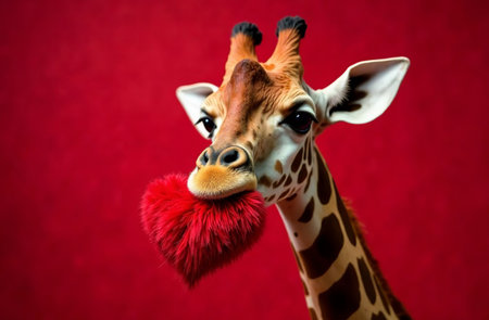AI Generative Valentine's Day card, giraffe holding fluffy heart on red backgroundの素材