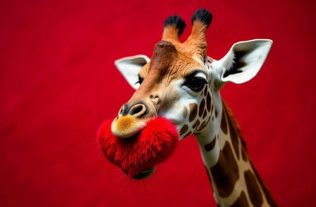 AI Generative Valentine's Day card, giraffe holding fluffy heart on red backgroundの素材