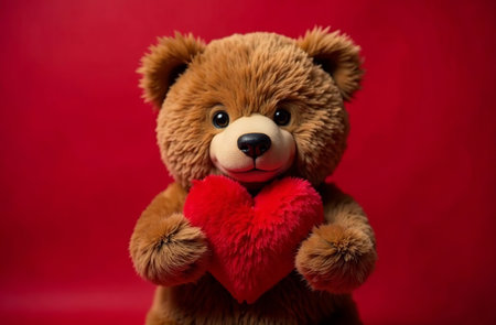 AI Generative Valentine's Day card, bear holding fluffy heart on red backgroundの素材