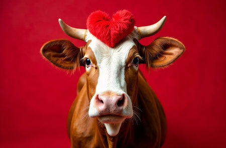 AI Generative Valentine's Day card, cow holding fluffy heart on red backgroundの素材