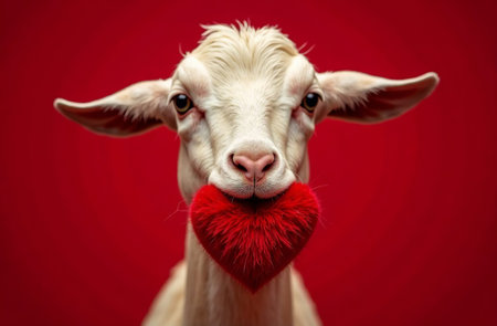 AI Generative Valentine's Day card, goat holding fluffy heart on red backgroundの素材