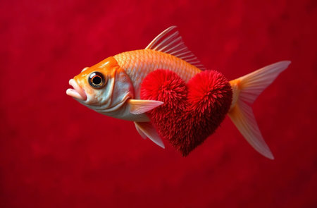 AI Generative Valentine's Day card, fish holding fluffy heart on red backgroundの素材