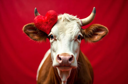 AI Generative Valentine's Day card, cow holding fluffy heart on red backgroundの素材