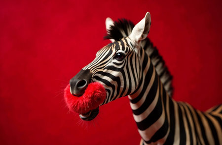 AI Generative Valentine's Day card, zebra holding fluffy heart on red backgroundの素材