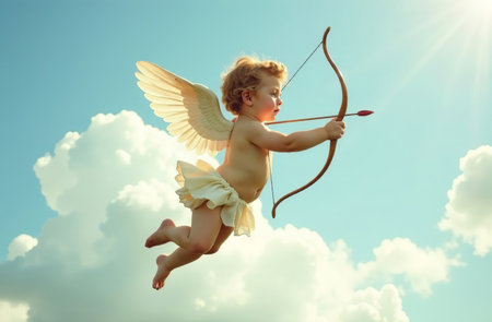 AI Generative Child Cupid with bow and arrows flies in the sky in the cloudsの素材