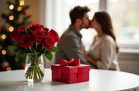 AI Generative Valentine's Day gift red box with bouquet of roses in vase on table. Couple kissing in the backgroundの素材