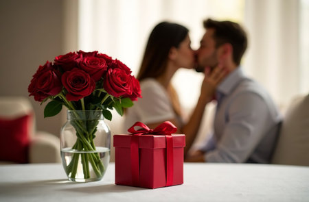 AI Generative Valentine's Day gift red box with bouquet of roses in vase on table. Couple kissing in the backgroundの素材