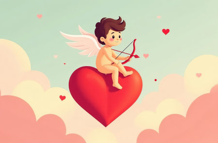 AI Generative Child Cupid with bow and arrows flies in the sky in the cloudsの素材