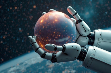 AI Generative Robot astronaut in space, artificial intelligence holding the planet in his handsの素材