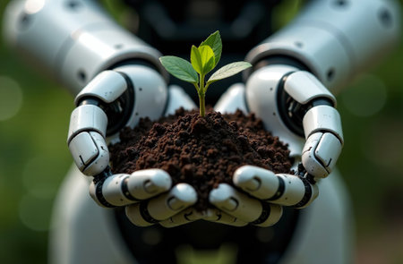 AI Generative Robot ecologist artificial intelligence holding a handful of soil and a green sprout in his handsの素材