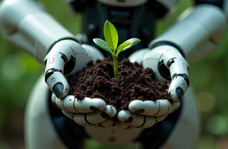 AI Generative Robot ecologist artificial intelligence holding a handful of soil and a green sprout in his handsの素材