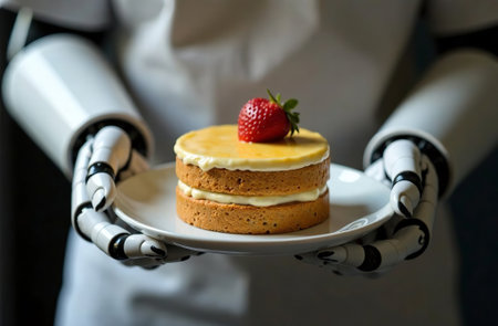 AI Generative Robot waiter artificial intelligence holding a plate of cupcake in his handsの素材