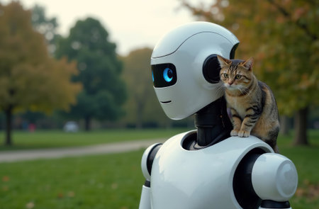 AI Generative Robot cyborg humanoid holding pet fluffy cat on shoulder, background of the parkの素材