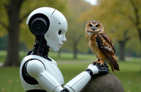 AI Generative Robot cyborg humanoid holding pet bird owl on hand, background of the parkの素材