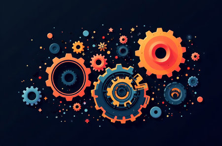 AI Generative Steel Gears Engineering Mechanism Machine Parts on dark backgroundの素材