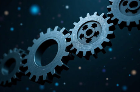 AI Generative Steel Gears Engineering Mechanism Machine Parts on dark backgroundの素材