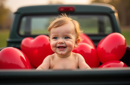 AI Generative Baby little cupid sitting in the trunk of pickup truck filled with red heart ballsの素材
