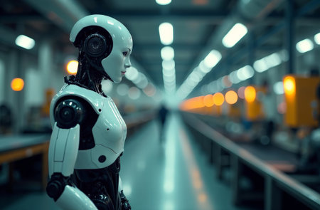 AI Generative Robot cyborg humanoid against the background of conveyor belt plantの素材