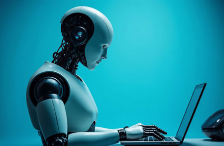 AI Generative Robot cyborg humanoid working at office laptop on blue backgroundの素材