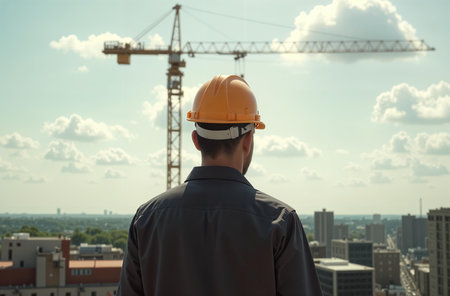 AI Generative Engineer inspecting at constructing site, construction crane build buildingの素材