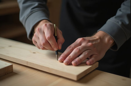 AI Generative Furniture assembler assembling chest of drawers, male worker holding screwdriver in handの素材