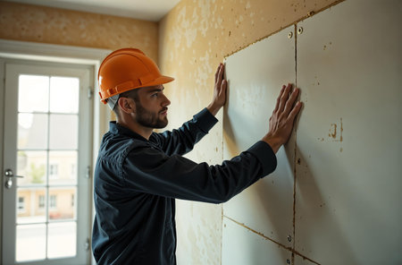 AI Generative builder is renovating an apartment, a man tears off old wallpaper from the wallの素材