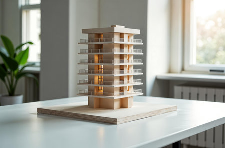 AI Generative model of multi-storey building house stands on the architect's desk in bright officeの素材