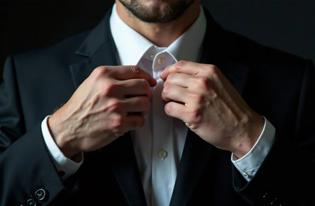 AI Generative The groom adjusts the white shirt of the wedding suit, close-up of handsの素材