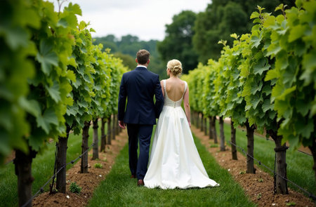 AI Generative Bride and groom walking in the garden, wedding ceremony, full-length view from the backの素材