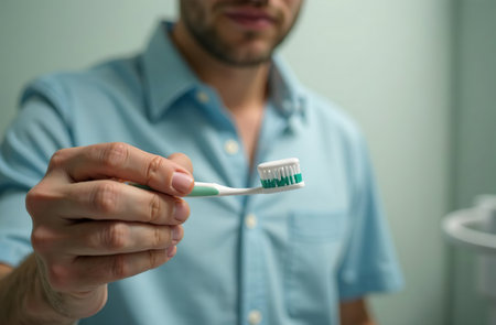 AI Generative Man holding toothbrush with toothpaste background bright bathroomの素材