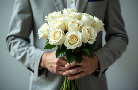 AI Generative Man holding bouquet of color roses, gift flavor of large flowersの素材