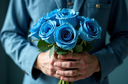 AI Generative Man holding bouquet of color roses, gift flavor of large flowersの素材