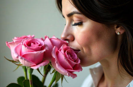AI Generative Woman sniffing bouquet of color roses, female flower flavorの素材
