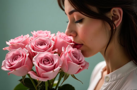 AI Generative Woman sniffing bouquet of color roses, female flower flavorの素材