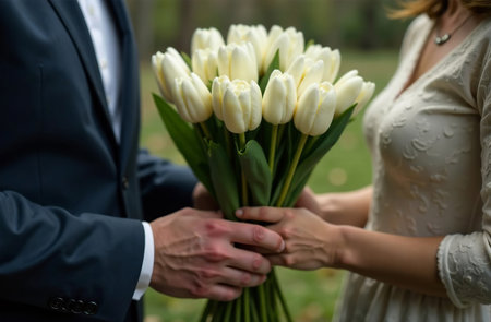AI Generative Man gives woman bouquet of color tulips, large beautiful flowersの素材