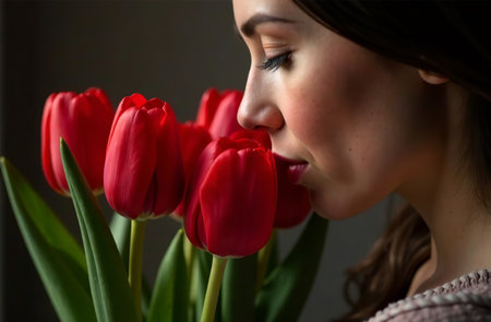 AI Generative Woman sniffing bouquet of color tulips, female flower flavorの素材