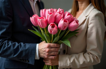 AI Generative Man gives woman bouquet of color tulips, large beautiful flowersの素材