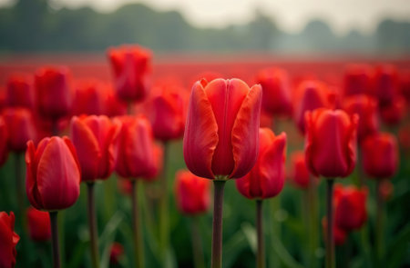 AI Generative Bush of large color tulips, blooming flowers outside in garden, close-upの素材