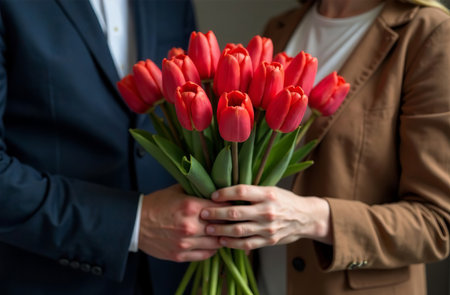 AI Generative Man gives woman bouquet of color tulips, large beautiful flowersの素材
