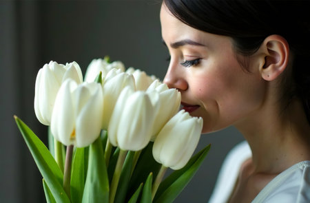 AI Generative Woman sniffing bouquet of color tulips, female flower flavorの素材