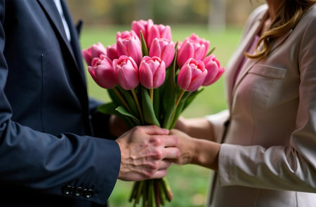 AI Generative Man gives woman bouquet of color tulips, large beautiful flowersの素材