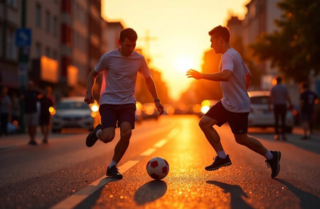 AI Generative Man playing soccer outside, football players kicking ballの素材