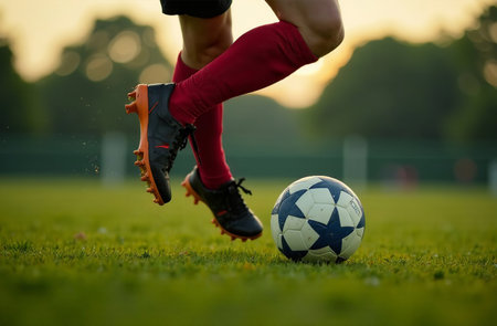 AI Generative Man playing soccer outside, football players kicking ballの素材